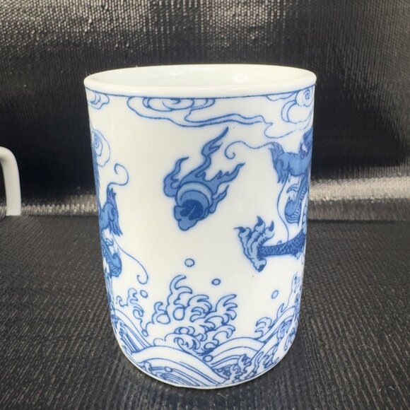 Vintage Chinese Blue Dragon Serpent Coffee Mug Cup Set 2 Stoneware Ceramic Mugs - Picture 6 of 12